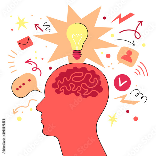 Brainstorming concept vector illustration with human head profile, visible brain, and a glowing lightbulb. Creative thinking process surrounded by abstract symbols, icons, arrows, and ideas.