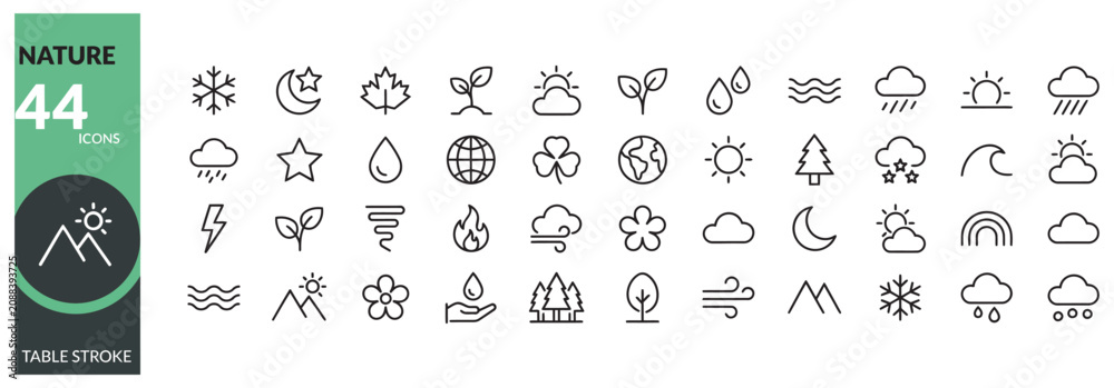 Naklejka premium Professional nature and weather outline icon pack with forty four editable stroke symbols