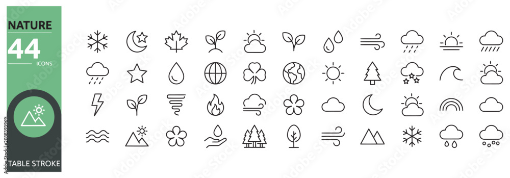Naklejka premium Modern nature and weather icon collection with forty four editable stroke vector symbols
