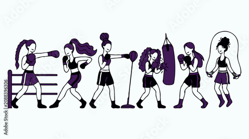 Long hair women boxing and training with punching bag flat pattern background