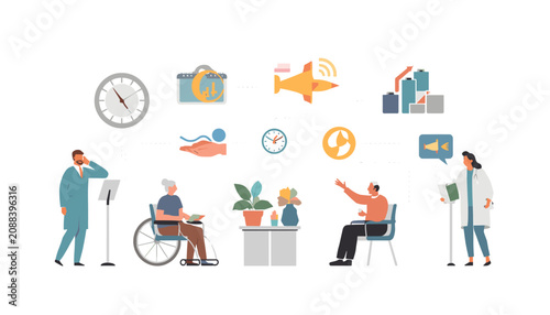 Schilderij op canvas Illustration of healthcare professionals consulting with elderly patients in a modern medical clinic setting