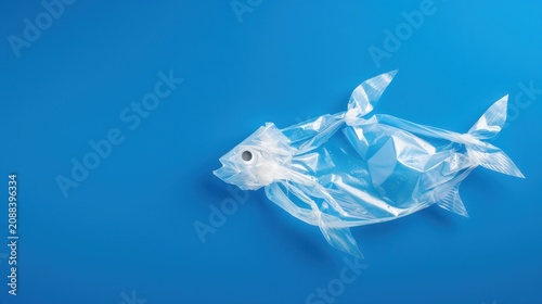 Plastic Fish Sculpture Representing Ocean Pollution and Environmental Awareness in Blue Background