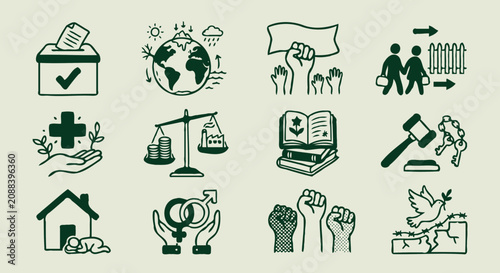 Line art icons set of human rights gender equality and social justice