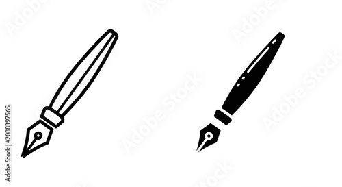 Classic fountain pen nib writing tool icon set in outline and solid black graphic style with fountain stationery calligraphy literary education business document