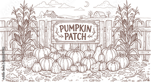 Foto Pumpkin patch illustration with corn stalks and farmhouse scene