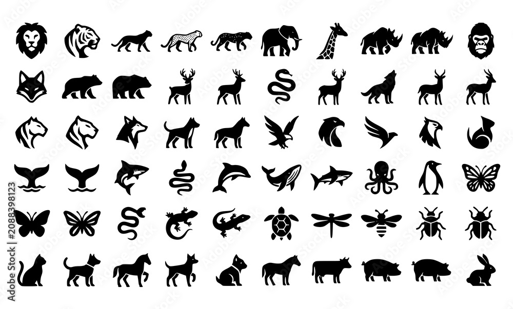 Fototapeta premium Abstract geometric animal logo vector pack with modern minimalist wildlife branding icons isolated on white background for business identity and creative projects