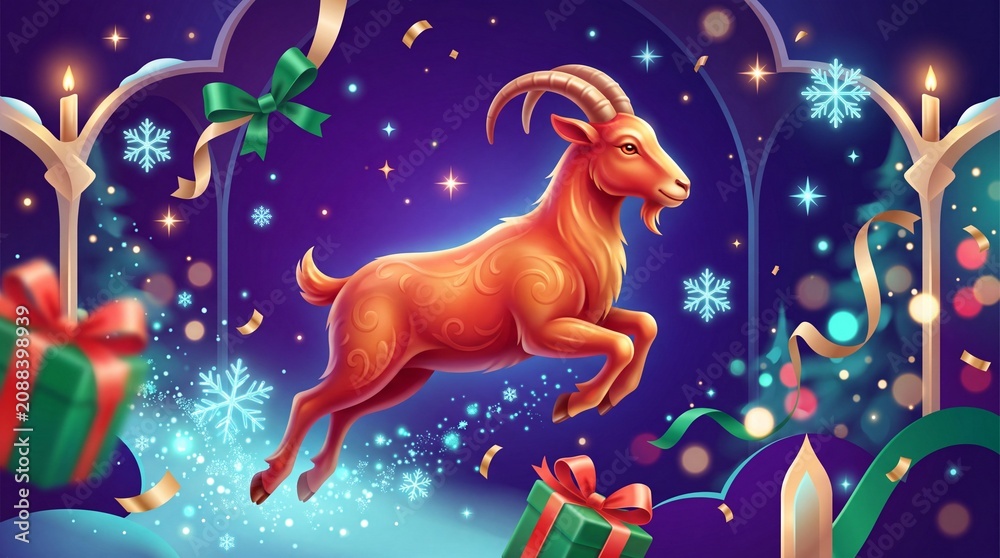 Fototapeta premium Bright festive illustration of a fiery goat, New Year symbol, with candles, gifts, ribbons, snowflakes, glowing lights and magical purple background.