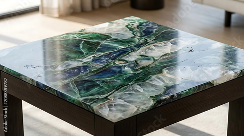 Elegant gemstone tabletop with intricate natural patterns and subtle lighting