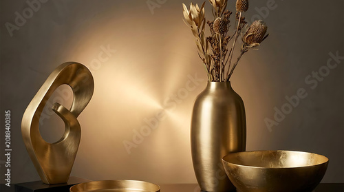 Elegant golden decorative objects and dried flowers in a vase on a dark surface