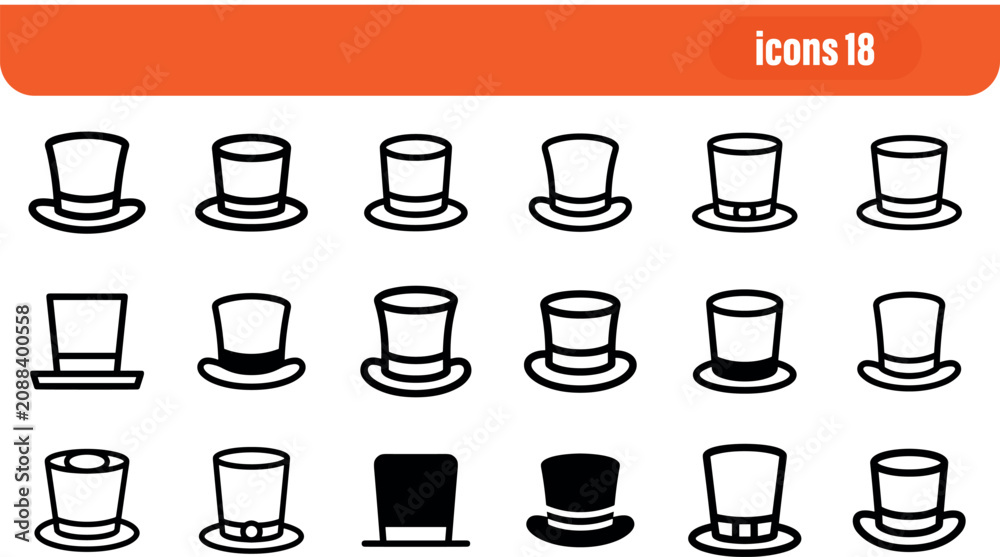 Fototapeta premium Set of Top Hat Icons, Formal Headwear Collection