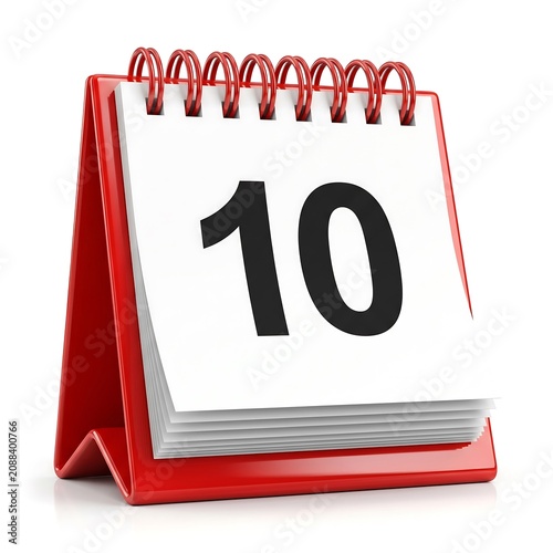Calendar showing number ten in red spiral desk organizer 3d rendering on white background ideal for appointment scheduling reminder services