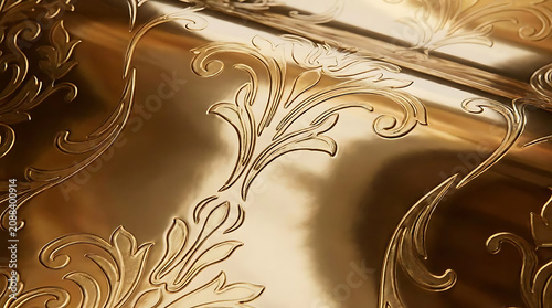 Elegant gold damask pattern reflecting light and showing intricate scrollwork detail