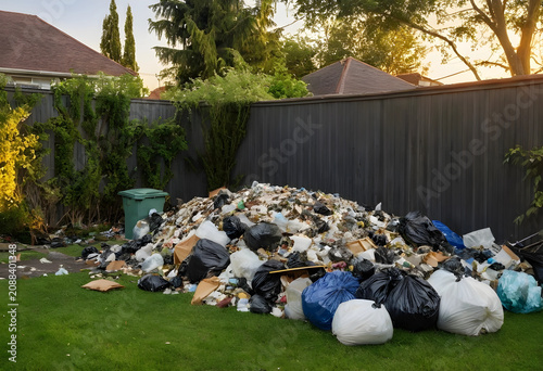 Large pile of garbage bags in backyard at golden hour