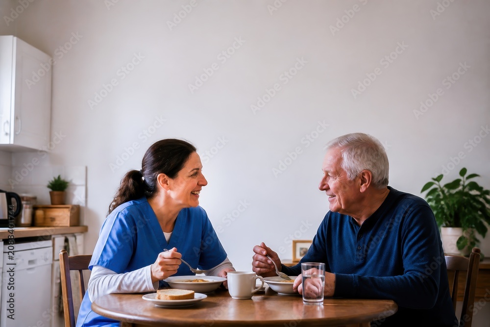 Fototapeta premium Caregiver and elderly man enjoying breakfast together in a cozy home setting, showcasing companionship and care.
