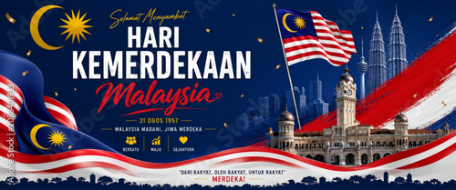 Photography Malaysia Independence Day Celebration Poster with Flag and Kuala Lumpur Landmark