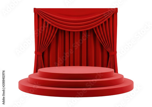 Red podium stage with curtains for award ceremony on transparent background.