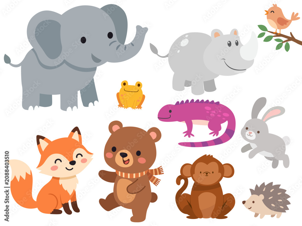 Fototapeta premium various cute friendly animals playful illustration safari jungle cute bear elephant tiger, lion graphic childcare