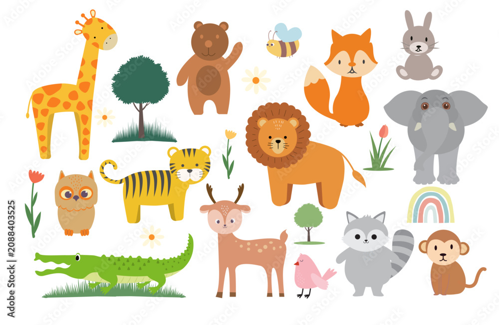 Fototapeta premium various cute friendly animals playful illustration safari jungle cute bear elephant tiger, lion graphic childcare