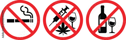 Cuadro en lienzo Set of three prohibition signs showing restricted items and bad habits displayed