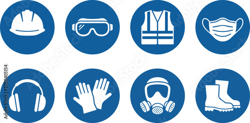 Blue circular icons displaying essential personal protective equipment for industrial workplace safety on transparent background
