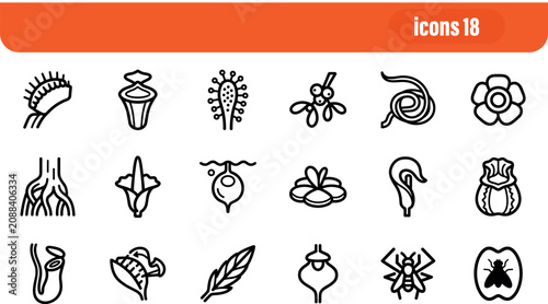 Foto Set of 18 Exotic Plants and Carnivorous Flora Outline Icons