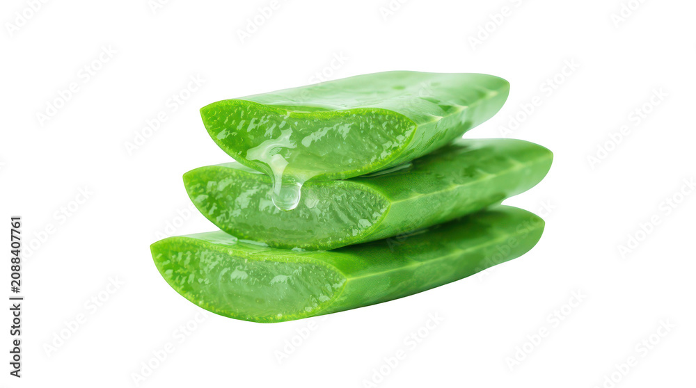 Fototapeta premium Fresh aloe vera slices with dripping gel isolated on transparent background