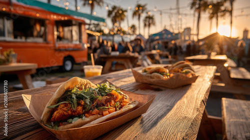 Delicious fish taco with fresh vegetables served on outdoor wooden table at sunset