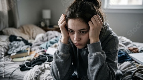 Depressed girl sitting on messy bed showing emotional burnout stress anxiety and mental health concept