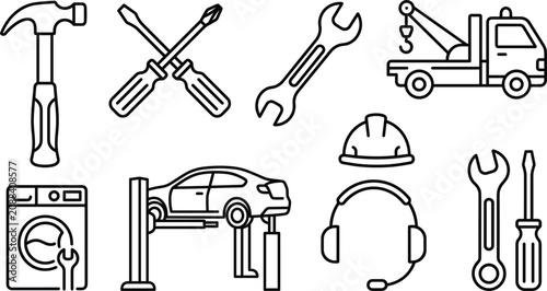 Car repair and maintenance line icon set featuring hammer screwdrivers wrench tow truck lift car helmet and headset