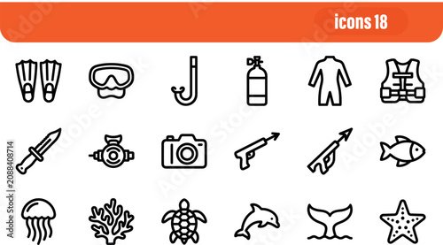 Bild auf Leinwand Set of 18 Underwater and Marine Life Icons