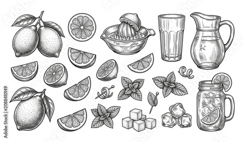Foto Detailed line art engraving design of refreshing summer drinks cocktail ingredie