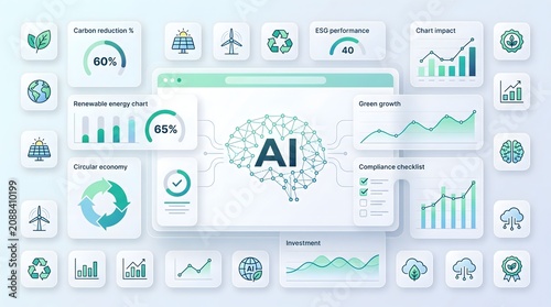 Corporate sustainability analytics platform with AI neural network and renewable energy charts for ESG compliance