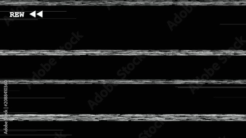 VHS rewind screen overlay with retro static noise distortion and analog tracking glitch lines on black background