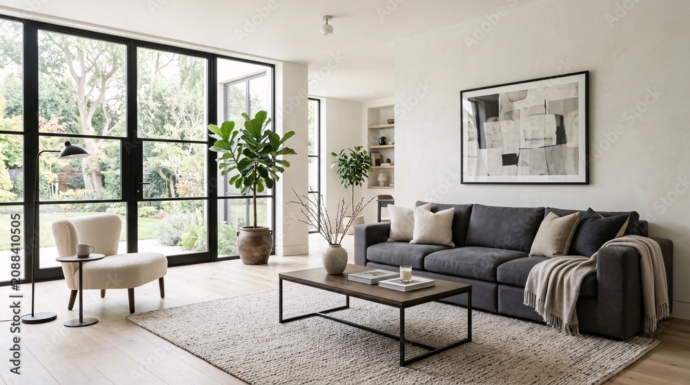 Fototapeta premium Bright minimalist living room interior design featuring a dark charcoal sofa and large floor-to-ceiling garden window.