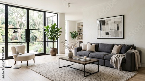 Bright minimalist living room interior design featuring a dark charcoal sofa and large floor-to-ceiling garden window.