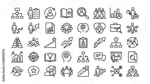 Fotografie Collection of business and management related line icons on white background
