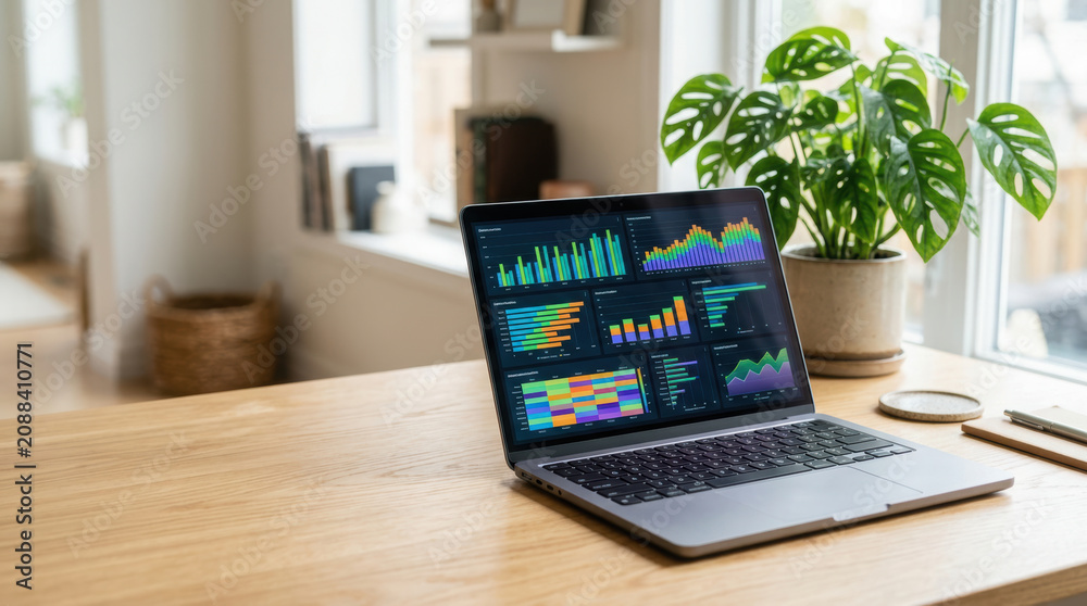 Fototapeta premium Laptop desk chart graph workspace plant modern home office technology analysis. laptop displaying colorful charts and graphs sits wooden desk