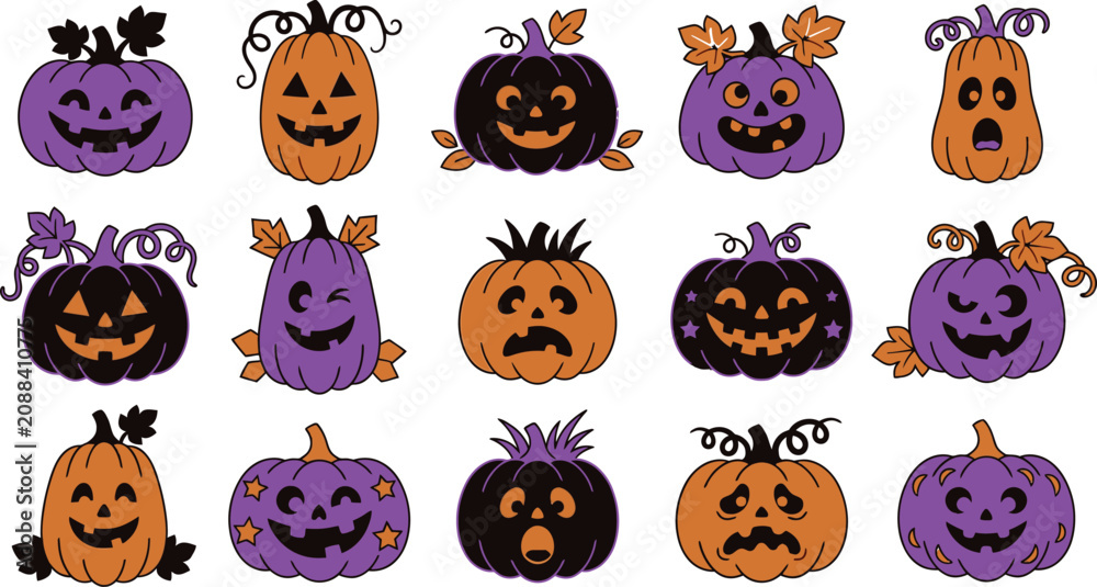 Obraz premium Halloween jack o' lanterns colorful pumpkin faces vector illustration for autumn celebrations