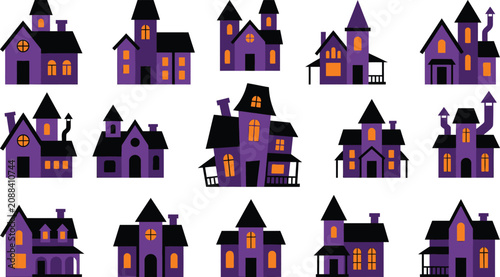 Foto Halloween haunted houses spooky purple mansions for kids party decoration