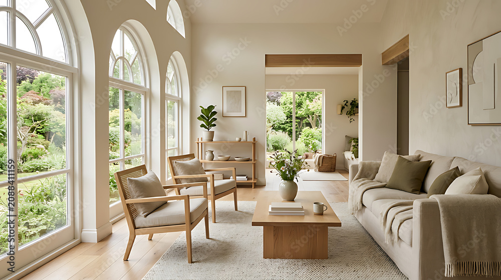 Fototapeta premium Bright and airy living room with large windows overlooking lush greenery and modern minimalist decor