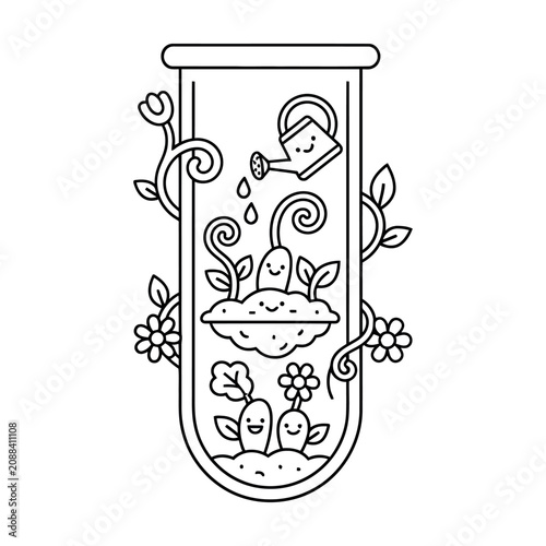 Cute plants in test tube with watering can vector line illustration