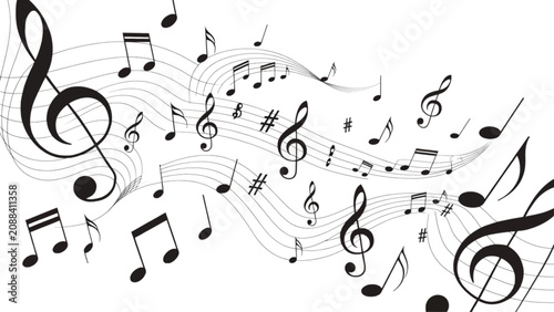 Photos Musical notes flowing on staff lines with treble clefs during a dynamic composit