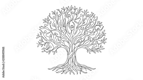 Tableau sur toile Abstract Tree of Life with Human Figures Integrated into Branches and Roots