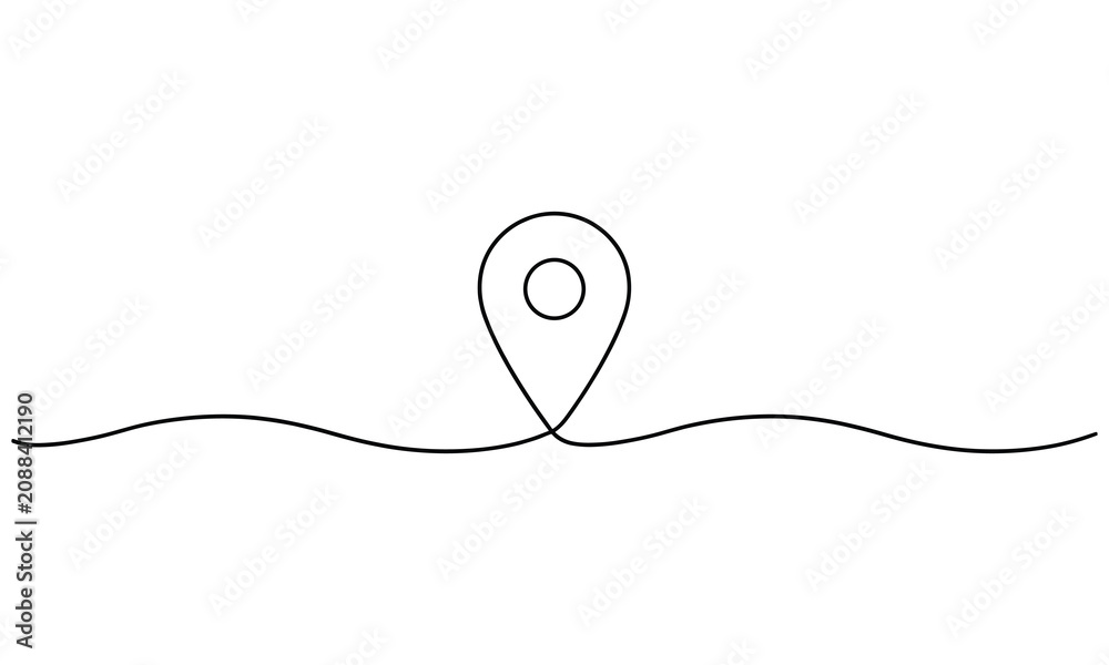 Fototapeta premium Single continuous black line of a location pin on a wavy horizontal line isolated on a white background, for map navigation