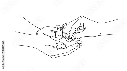 Photos Hands Holding Seedlings, Continuous Line Drawing - Growth, Care, Nature, New Lif