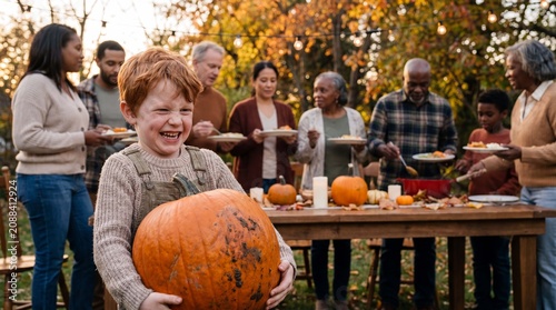 A child happily carries a giant pumpkin at a backyard Thanksgiving family party, ideal for autumn holiday celebration posters