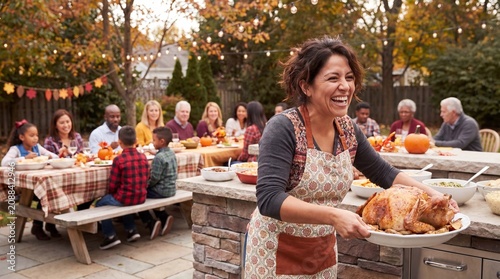 A woman serves food with a smile at an outdoor Thanksgiving family party, great for autumn holiday celebration marketing posters