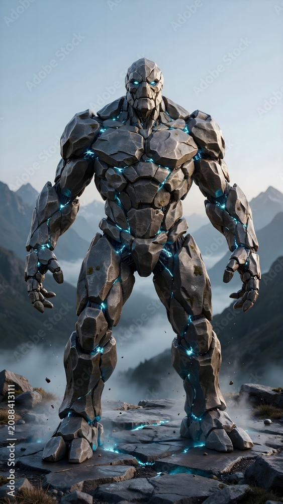 Naklejka premium Giant rocky humanoid creature with glowing blue cracks standing on rugged terrain in a mountain landscape