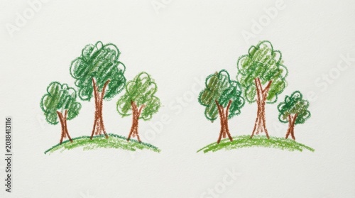 Handdrawn crayon illustration of two groups of trees on grassy hills