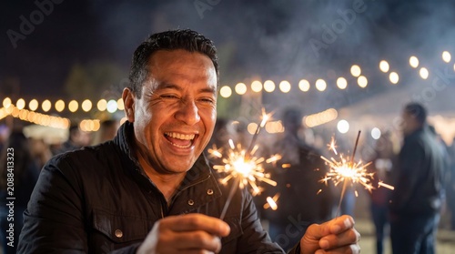 A joyful Hispanic man holds sparklers at a New Year night celebration, making it great for festive holiday posters and outdoor party marketing